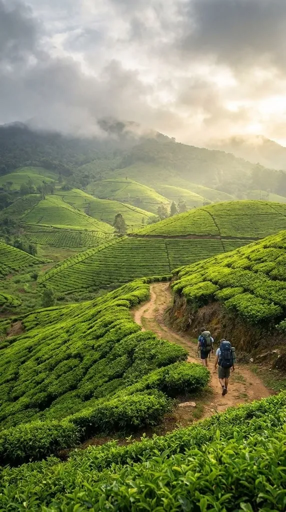 Trekkers on a path through green tea plantations in the Kerala hills